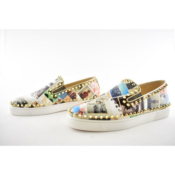 Christian Louboutin Pik Boat Patent Collage Black Gold Spike Flat Sneakers 41 - Picture 10 of 12